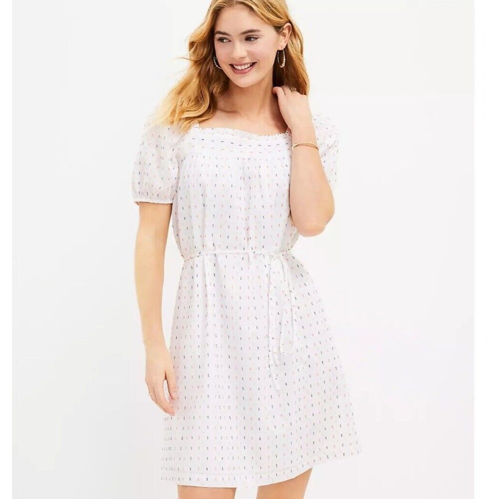 LOFT Womens Clip Square Neck Shirt Dress White Coastal Summer Beach Size M